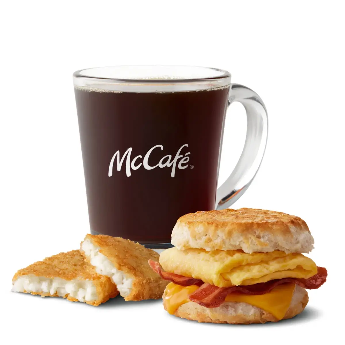 Bacon, Egg & Cheese Biscuit, hash browns, and coffee.