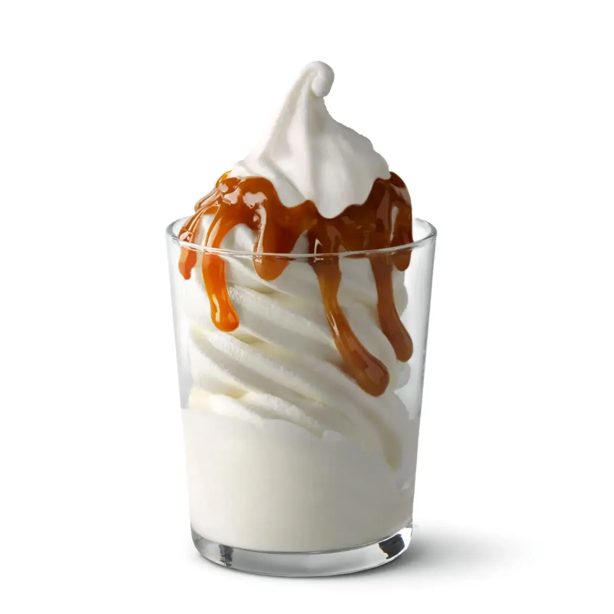 Soft serve sundae topped with hot caramel sauce.