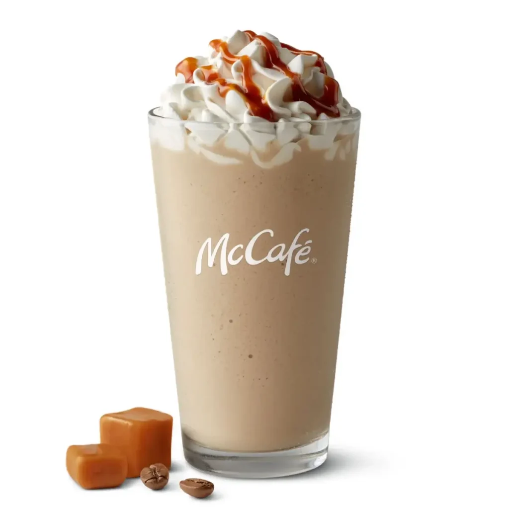 Blended caramel frappé topped with whipped cream and caramel drizzle.