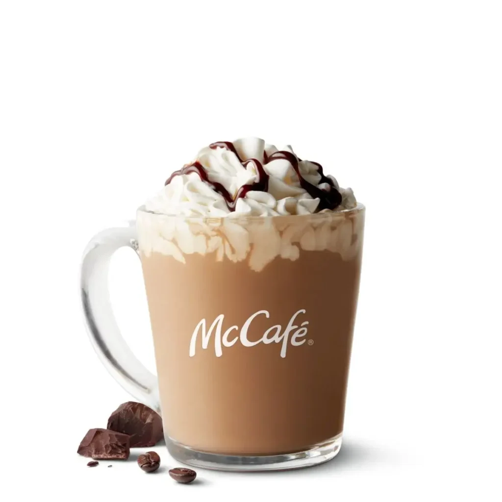 Hot mocha latte with chocolate and whipped cream.