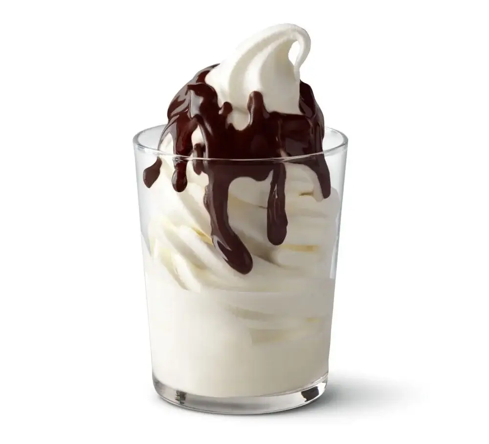 Soft serve sundae topped with hot fudge.