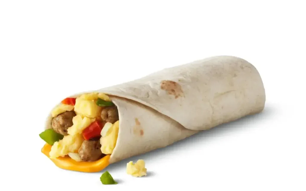 Soft flour tortilla filled with eggs, sausage, and cheese.