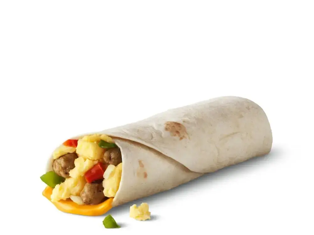 Sausage burrito with fluffy eggs, sausage, and cheese.