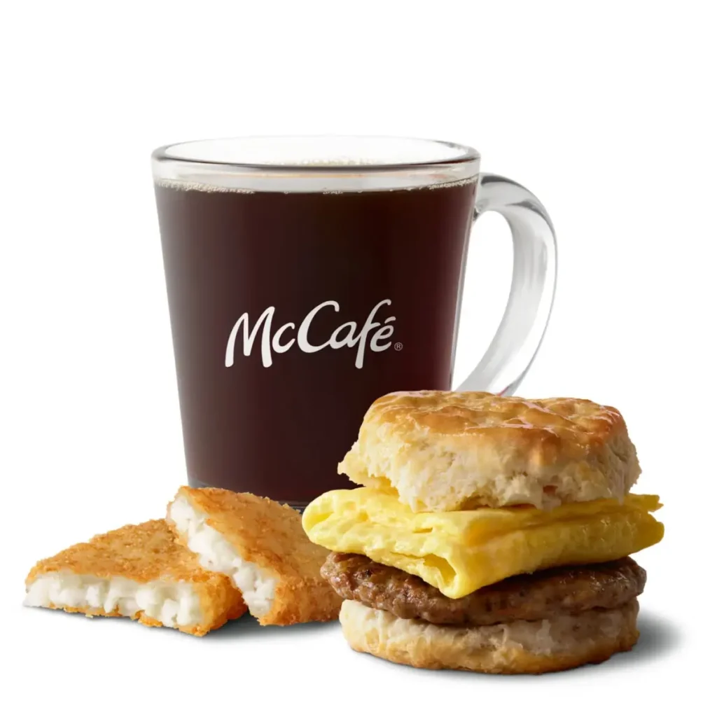 Sausage Biscuit with Egg, hash browns, and coffee.