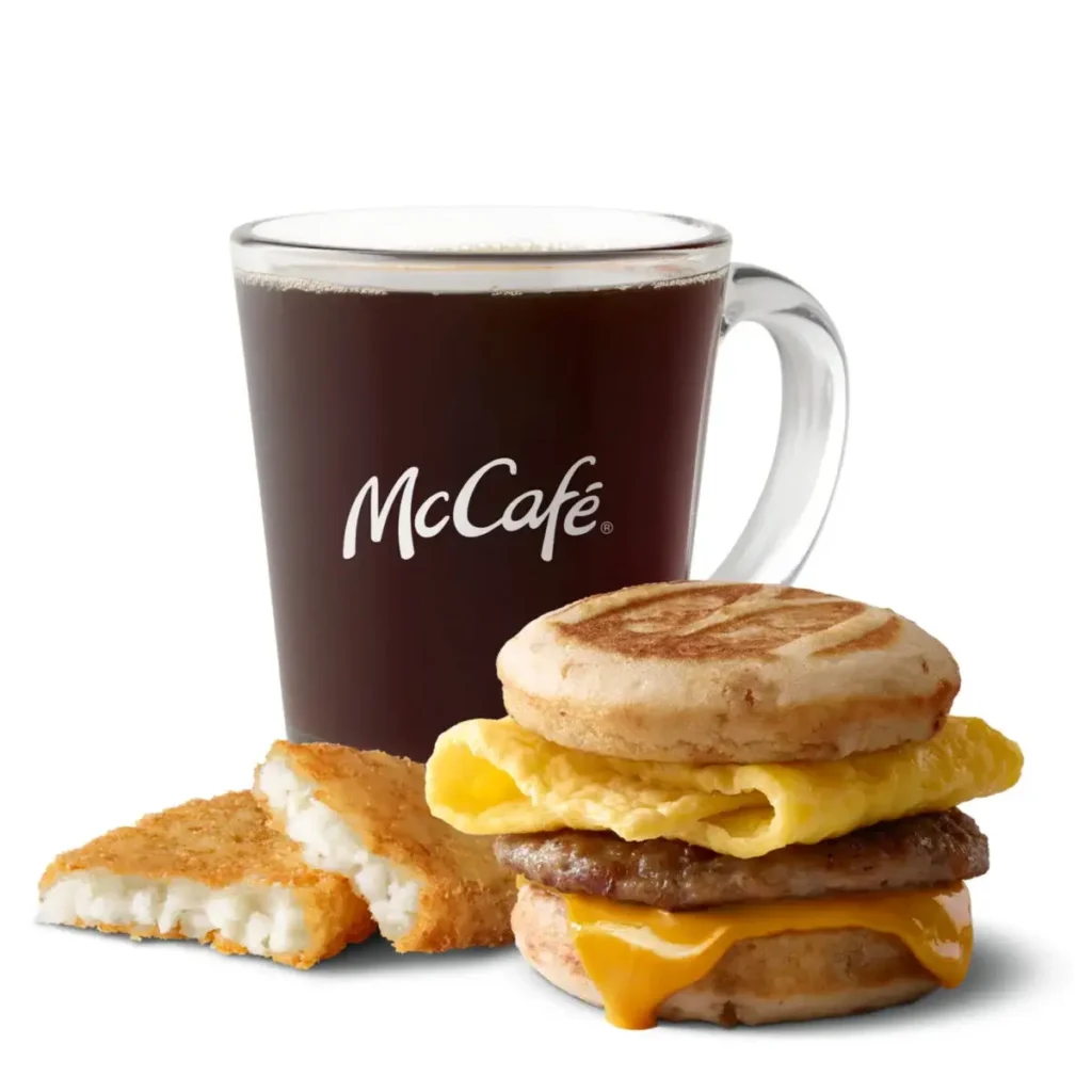 Sausage, Egg & Cheese McGriddles® with hash browns and coffee.