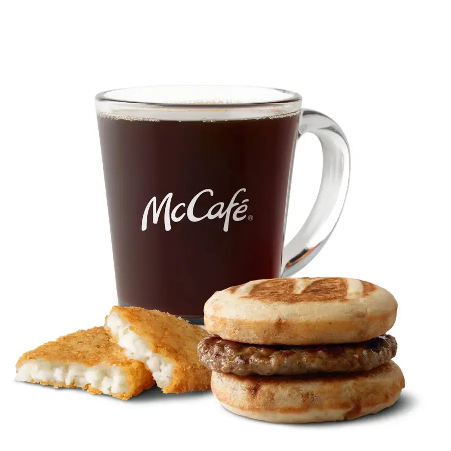 Sausage McGriddles® with hash browns and coffee.