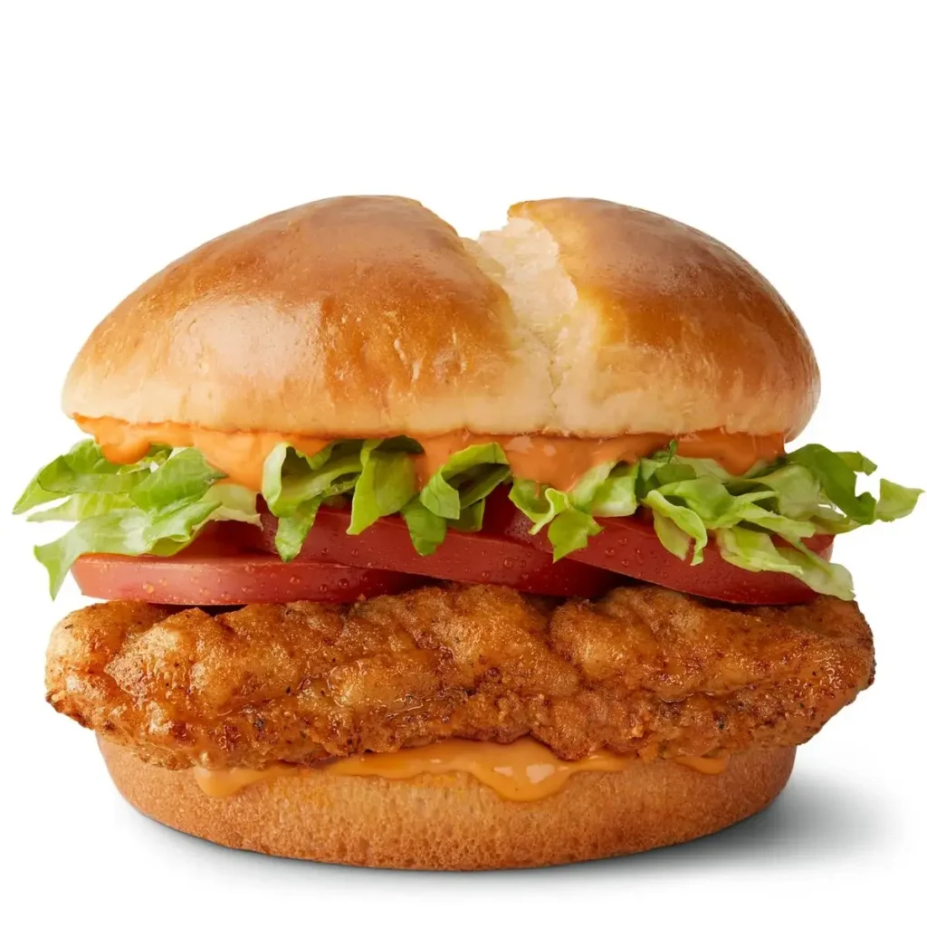 Spicy crispy chicken sandwich on a soft, toasted bun.